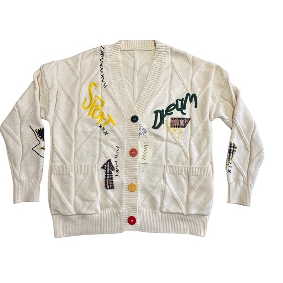 Ebossy NEW Women’s Embroidered Chunky Soft Sweater In White Sz.S Retro Chunky - Picture 2 of 10